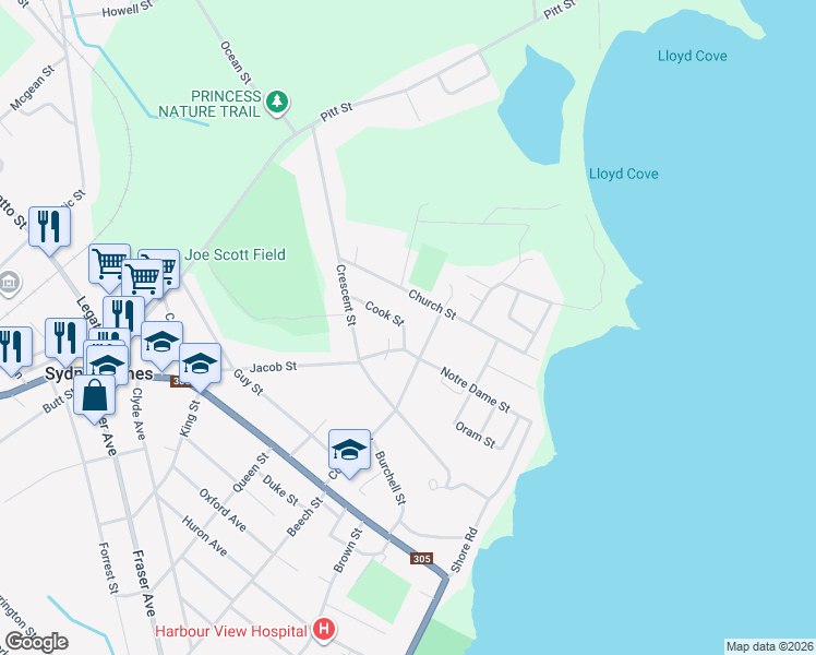 map of restaurants, bars, coffee shops, grocery stores, and more near 45 Cook Street in Sydney Mines