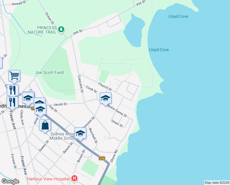 map of restaurants, bars, coffee shops, grocery stores, and more near 94 Church Street in Sydney Mines