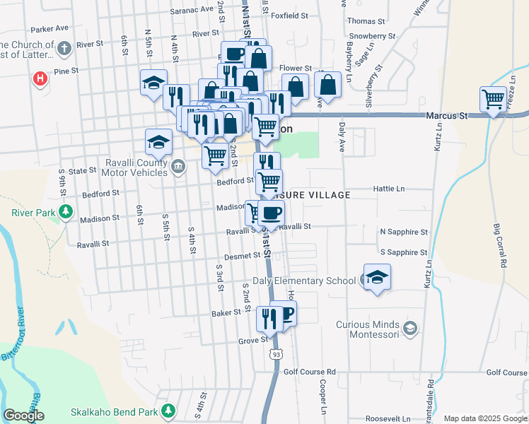 map of restaurants, bars, coffee shops, grocery stores, and more near 409 S 1st St in Hamilton