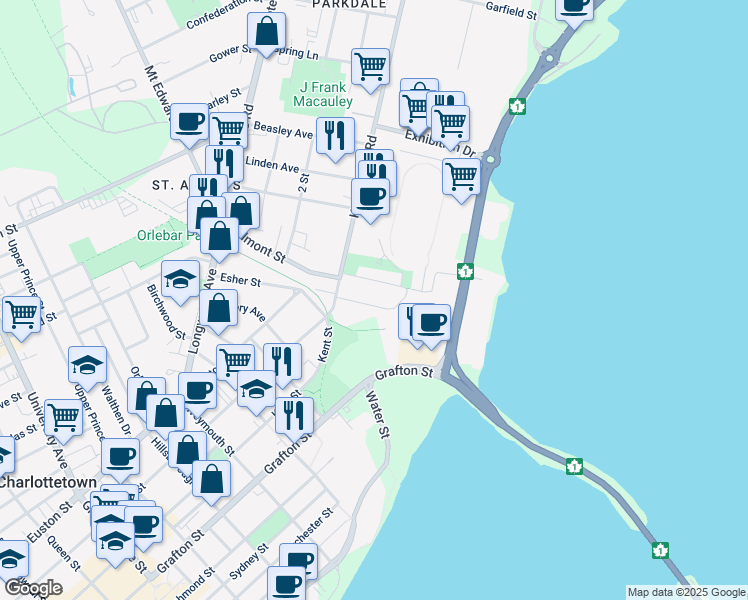 map of restaurants, bars, coffee shops, grocery stores, and more near 17 Beach Street in Charlottetown