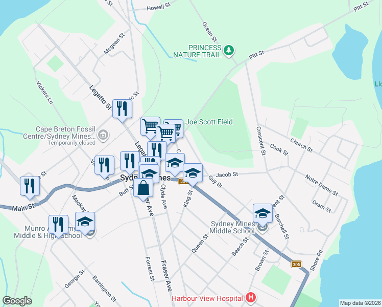 map of restaurants, bars, coffee shops, grocery stores, and more near 16 Cottage Street in Sydney Mines