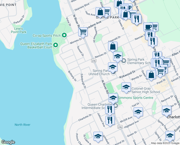 map of restaurants, bars, coffee shops, grocery stores, and more near 27 Westwood Crescent in Charlottetown