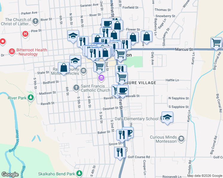 map of restaurants, bars, coffee shops, grocery stores, and more near 409 South 1st Street in Hamilton