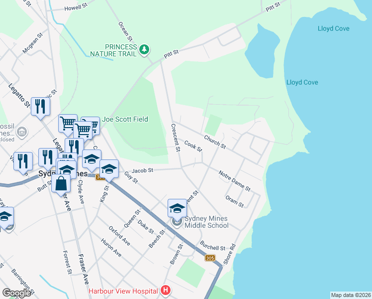map of restaurants, bars, coffee shops, grocery stores, and more near 123 Crescent Street in Sydney Mines