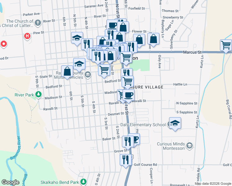 map of restaurants, bars, coffee shops, grocery stores, and more near 409 South 1st Street in Hamilton
