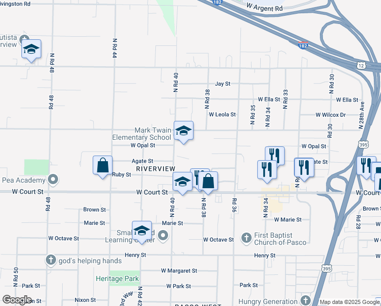 map of restaurants, bars, coffee shops, grocery stores, and more near 1801 North Road 40 in Pasco