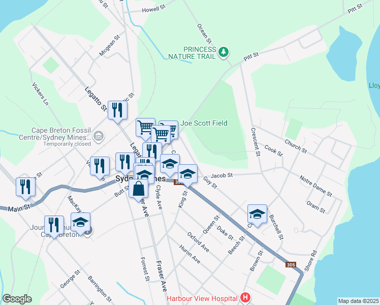 map of restaurants, bars, coffee shops, grocery stores, and more near 17 Guy Street in Sydney Mines