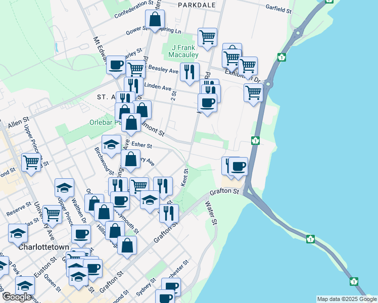 map of restaurants, bars, coffee shops, grocery stores, and more near 17 Kensington Road in Charlottetown