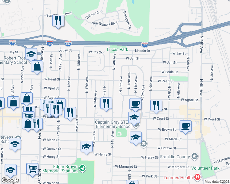 map of restaurants, bars, coffee shops, grocery stores, and more near 1704 North 14th Avenue in Pasco