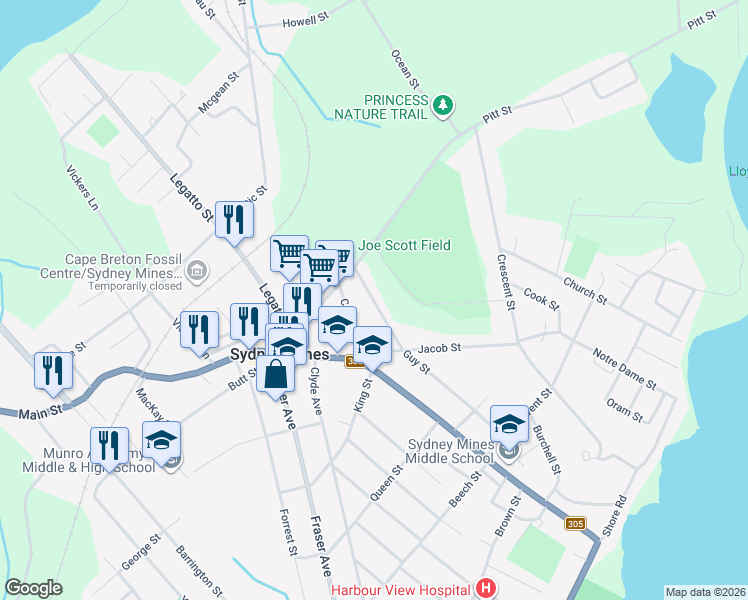 map of restaurants, bars, coffee shops, grocery stores, and more near 15 Guy Street in Sydney Mines