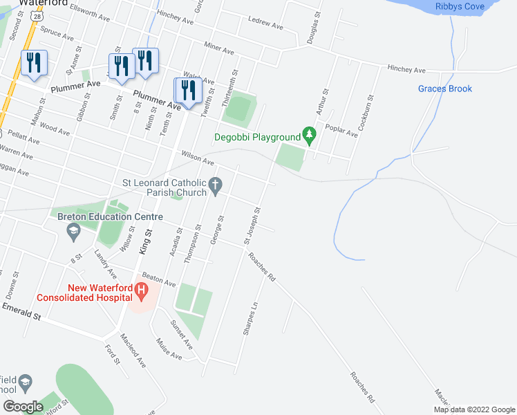 map of restaurants, bars, coffee shops, grocery stores, and more near 550 Saint Joseph Street in New Waterford
