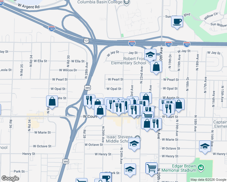 map of restaurants, bars, coffee shops, grocery stores, and more near 1712 North 24th Avenue in Pasco