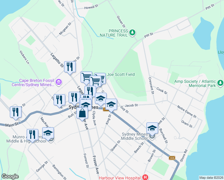 map of restaurants, bars, coffee shops, grocery stores, and more near 15 Guy Street in Sydney Mines