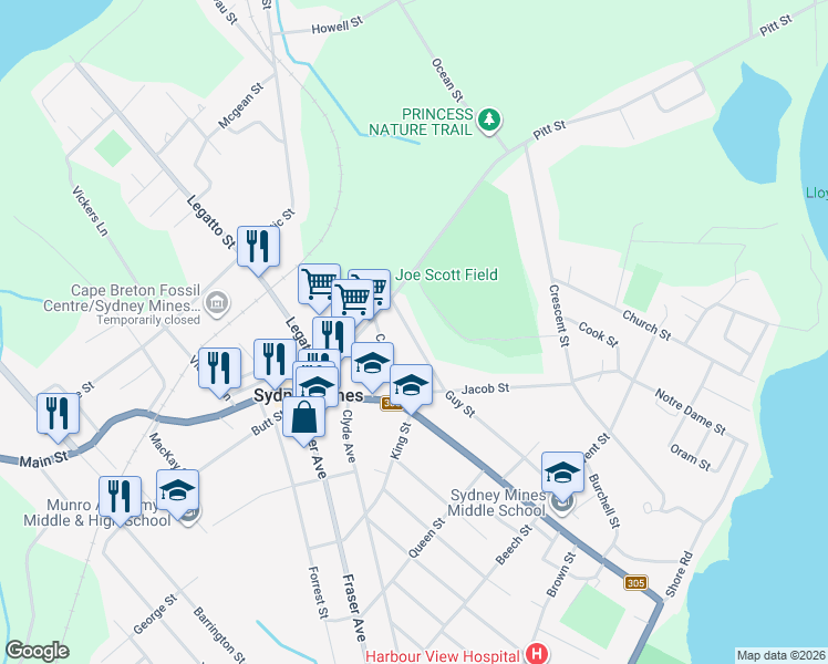 map of restaurants, bars, coffee shops, grocery stores, and more near 15 Guy Street in Sydney Mines