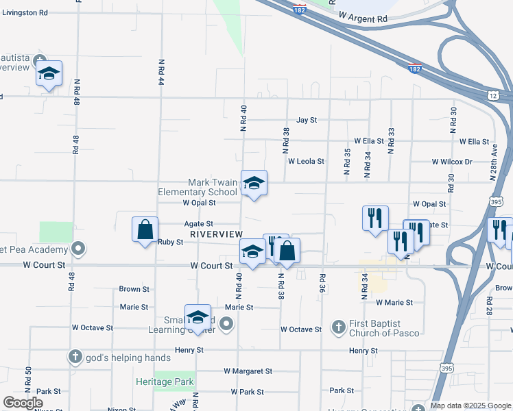 map of restaurants, bars, coffee shops, grocery stores, and more near 1801 North Road 40 in Pasco