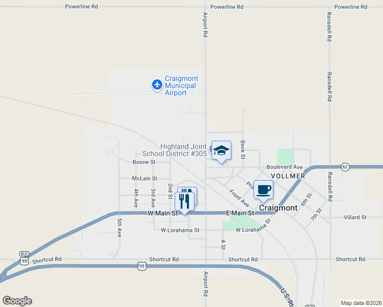 map of restaurants, bars, coffee shops, grocery stores, and more near 400 North Division Street in Craigmont