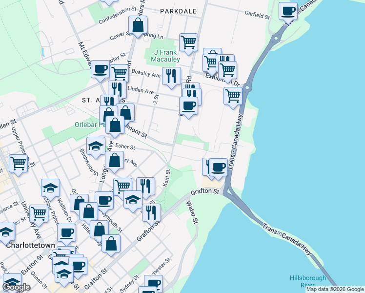 map of restaurants, bars, coffee shops, grocery stores, and more near 12 Park Street in Charlottetown