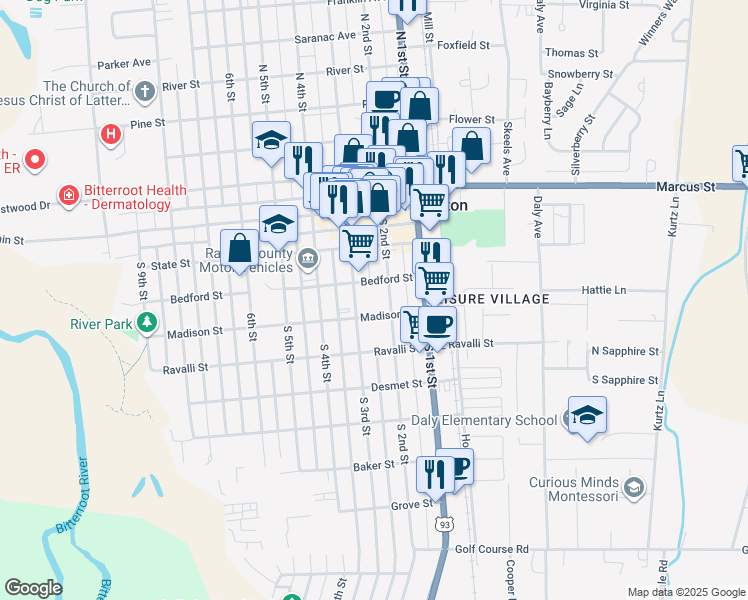 map of restaurants, bars, coffee shops, grocery stores, and more near 225 Bedford Street in Hamilton