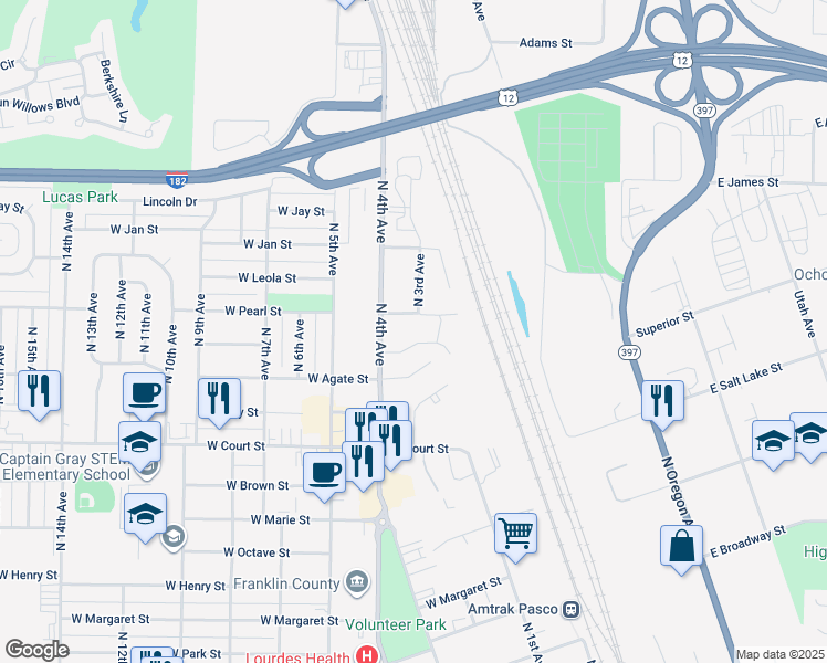 map of restaurants, bars, coffee shops, grocery stores, and more near 1901 North 4th Avenue in Pasco