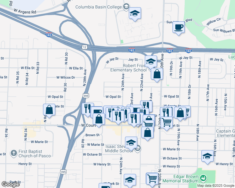 map of restaurants, bars, coffee shops, grocery stores, and more near 1808 North 24th Avenue in Pasco