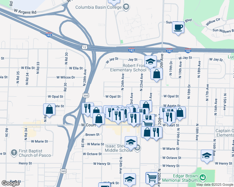map of restaurants, bars, coffee shops, grocery stores, and more near 1808 North 24th Avenue in Pasco
