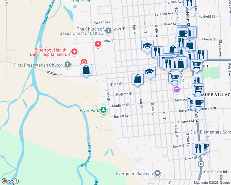 map of restaurants, bars, coffee shops, grocery stores, and more near 207 South 8th Street in Hamilton