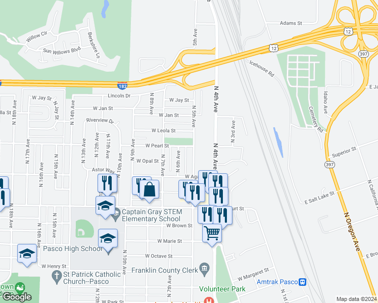 map of restaurants, bars, coffee shops, grocery stores, and more near 1748 North 5th Avenue in Pasco