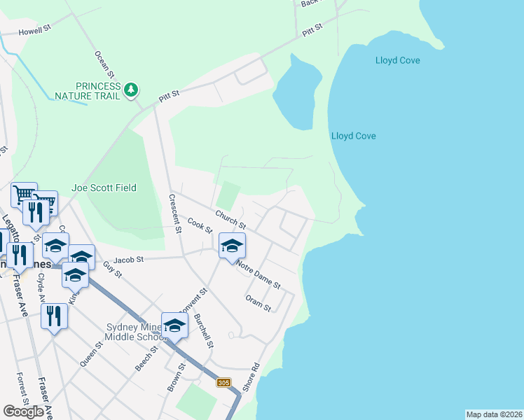 map of restaurants, bars, coffee shops, grocery stores, and more near 11 Maclean Street in Sydney Mines