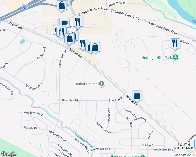 map of restaurants, bars, coffee shops, grocery stores, and more near 2095 Keene Road in Richland