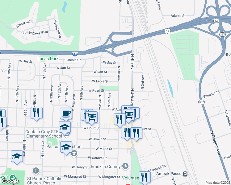 map of restaurants, bars, coffee shops, grocery stores, and more near 1748 North 5th Avenue in Pasco