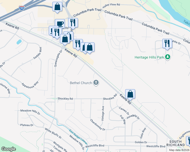 map of restaurants, bars, coffee shops, grocery stores, and more near 2095 Keene Road in Richland