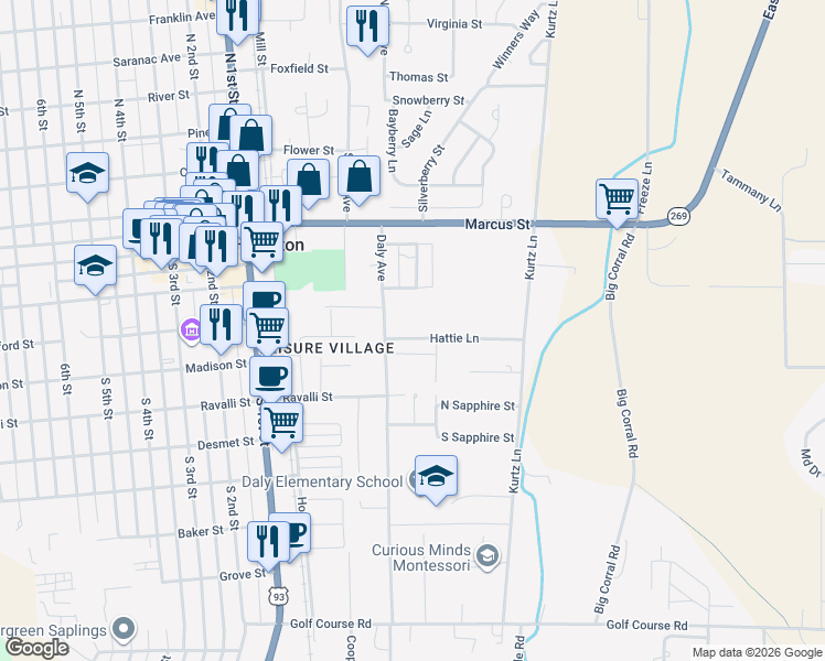 map of restaurants, bars, coffee shops, grocery stores, and more near 258 Hattie Lane in Hamilton