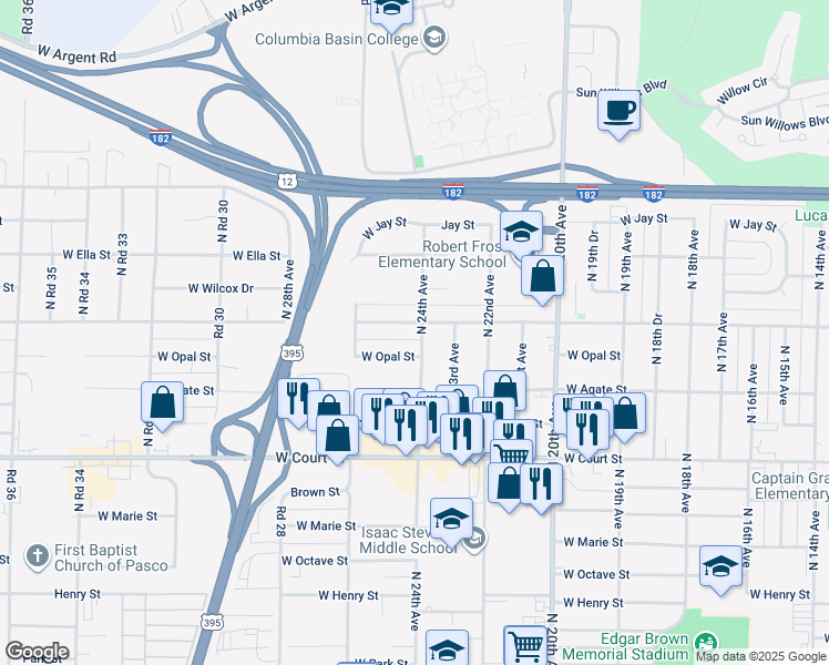map of restaurants, bars, coffee shops, grocery stores, and more near 1808 North 24th Avenue in Pasco