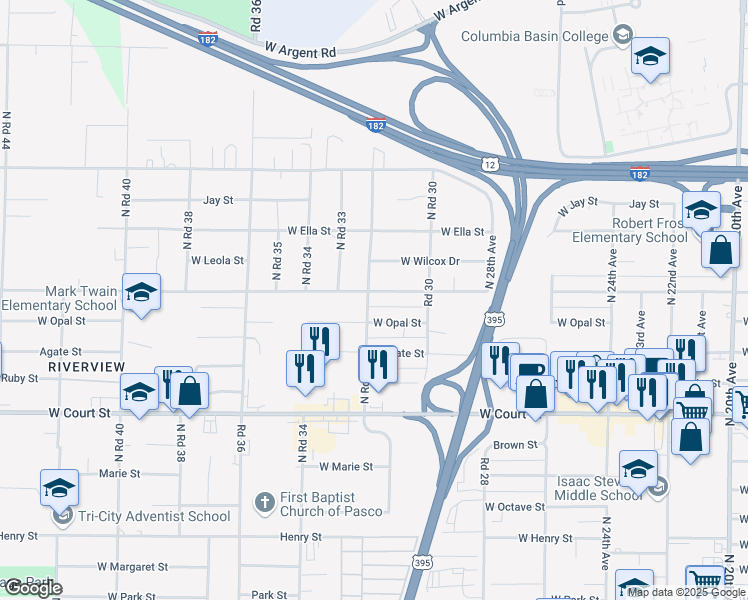 map of restaurants, bars, coffee shops, grocery stores, and more near 1821 North Road 32 in Pasco