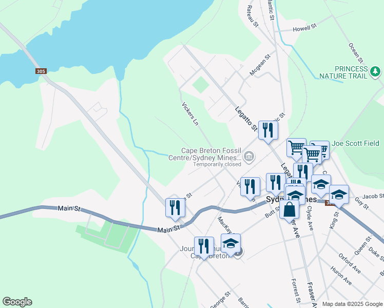 map of restaurants, bars, coffee shops, grocery stores, and more near 57 Brooklyn Avenue in Sydney Mines