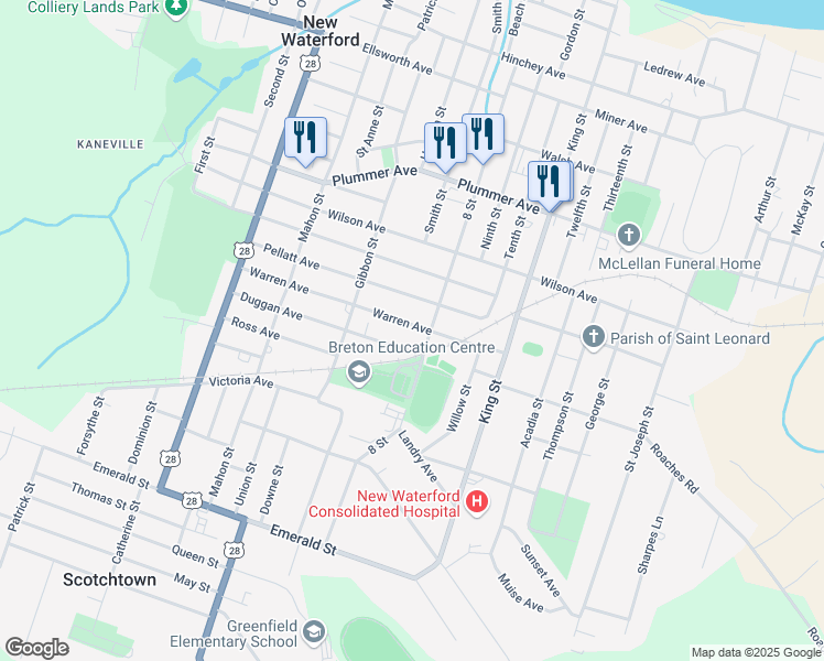 map of restaurants, bars, coffee shops, grocery stores, and more near 3394 Warren Avenue in New Waterford
