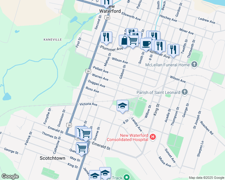 map of restaurants, bars, coffee shops, grocery stores, and more near 3456 Duggan Avenue in New Waterford