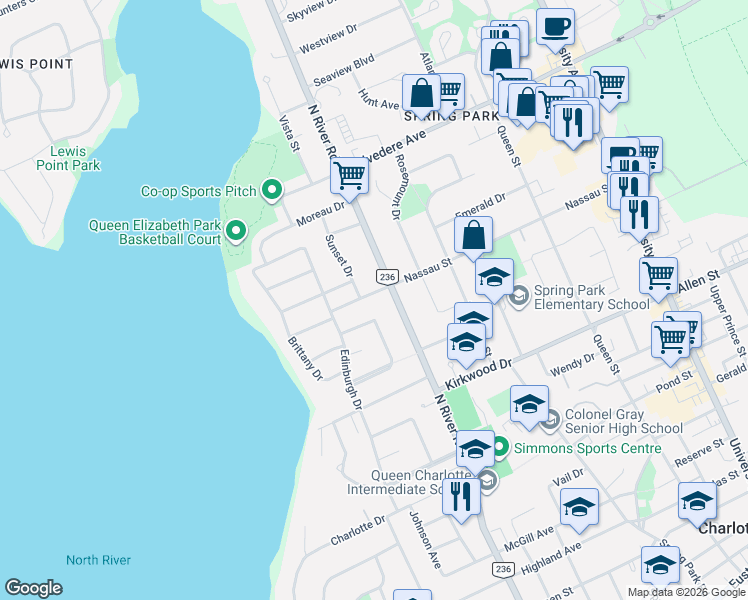 map of restaurants, bars, coffee shops, grocery stores, and more near 96 Nassau Street in Charlottetown