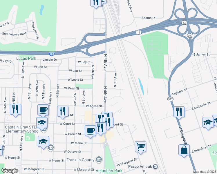 map of restaurants, bars, coffee shops, grocery stores, and more near 1901 North 4th Avenue in Pasco