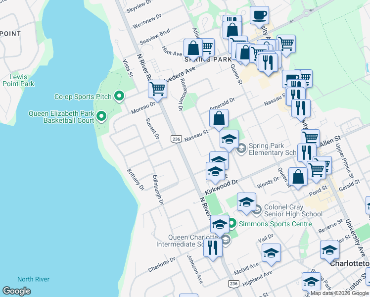 map of restaurants, bars, coffee shops, grocery stores, and more near 240 North River Road in Charlottetown