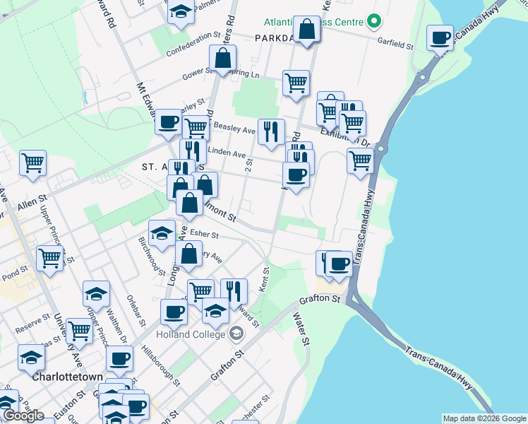 map of restaurants, bars, coffee shops, grocery stores, and more near 37 Kensington Road in Charlottetown