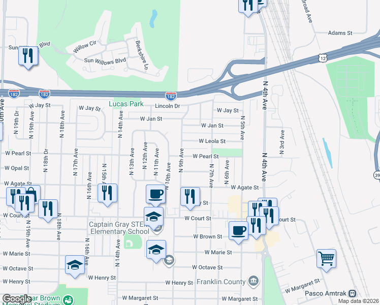 map of restaurants, bars, coffee shops, grocery stores, and more near 931 West Pearl Street in Pasco