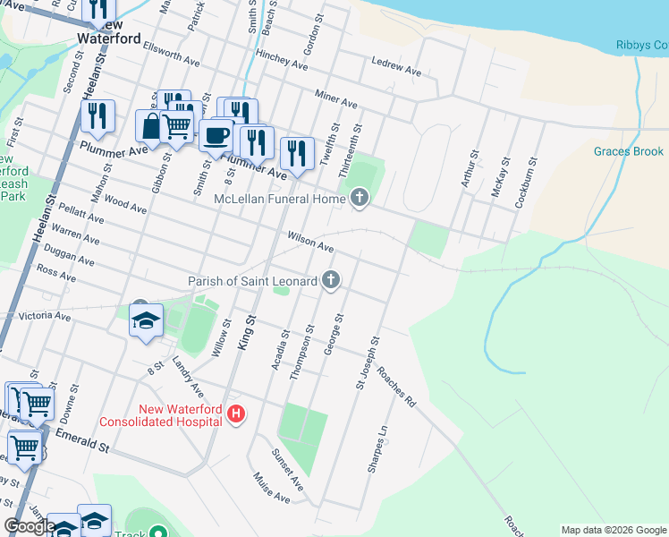 map of restaurants, bars, coffee shops, grocery stores, and more near 3187 Mount Carmel Avenue in New Waterford
