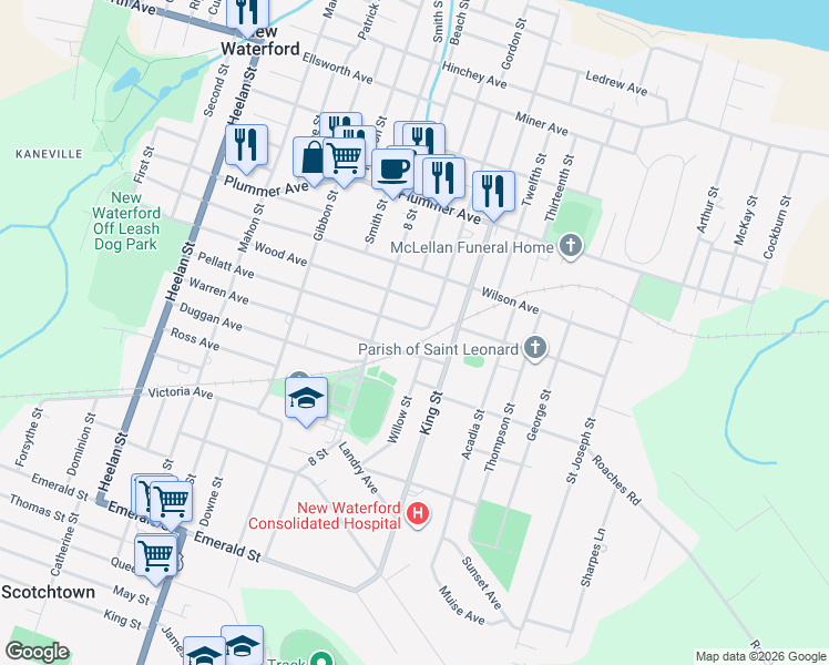 map of restaurants, bars, coffee shops, grocery stores, and more near 3340 Pellatt Avenue in New Waterford
