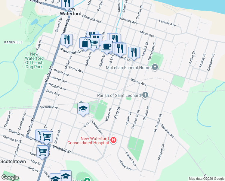 map of restaurants, bars, coffee shops, grocery stores, and more near 3340 Pellatt Avenue in New Waterford