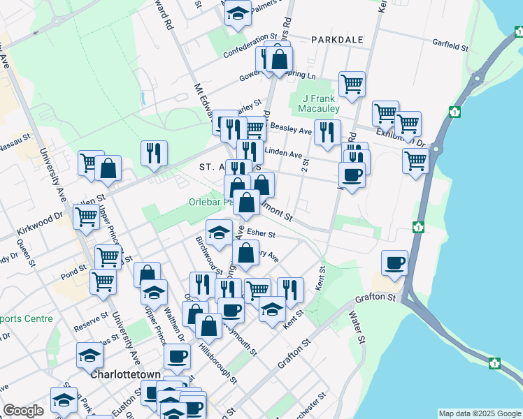 map of restaurants, bars, coffee shops, grocery stores, and more near 39 Belmont Street in Charlottetown
