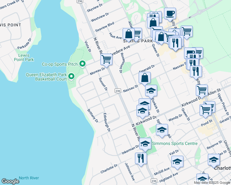 map of restaurants, bars, coffee shops, grocery stores, and more near 99 Nassau Street in Charlottetown