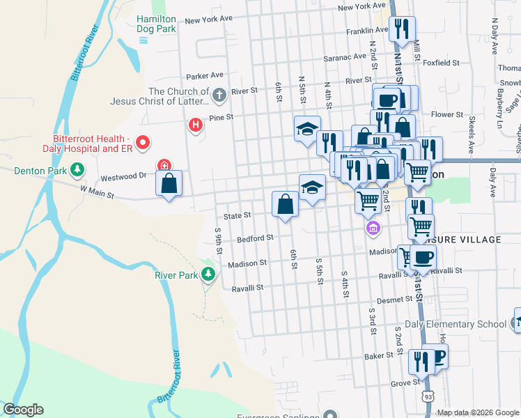 map of restaurants, bars, coffee shops, grocery stores, and more near 125 South 7th Street in Hamilton