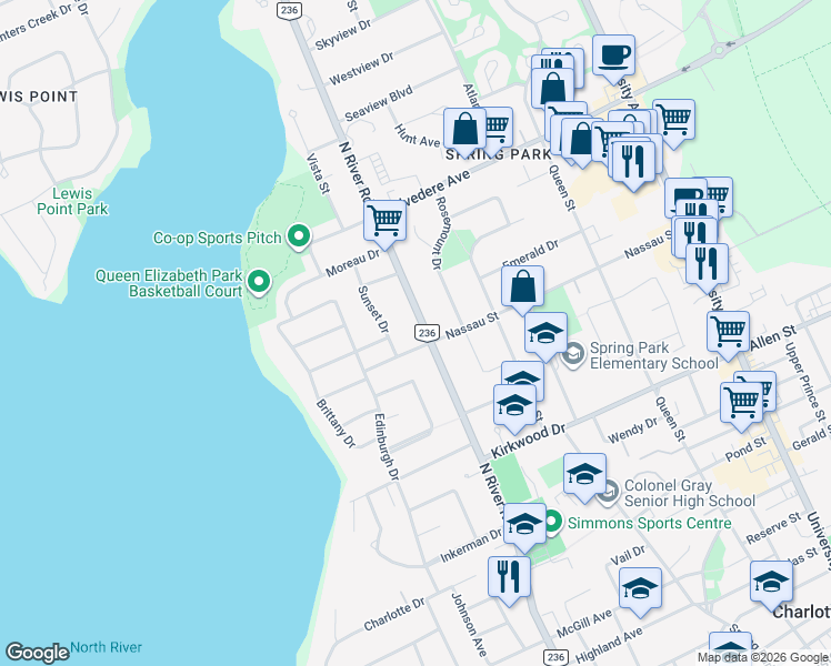 map of restaurants, bars, coffee shops, grocery stores, and more near 251 North River Road in Charlottetown