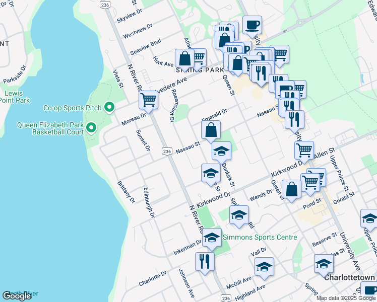 map of restaurants, bars, coffee shops, grocery stores, and more near 110 Nassau Street in Charlottetown
